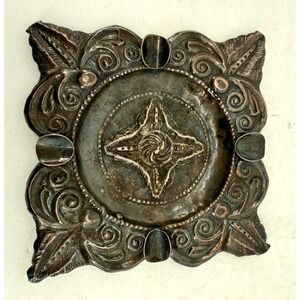 Vintage Handcrafted Metal Ashtray Ornate Embossed Floral Square Rustic 5.25"